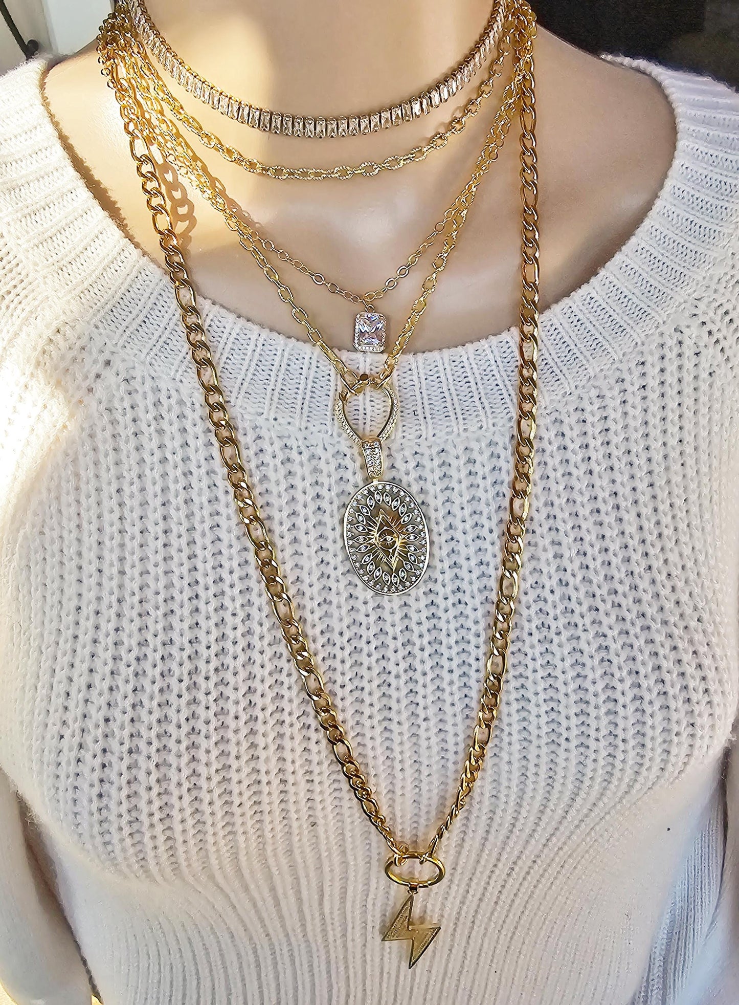 Gold Layered Multi Strand Statement Necklace Set with Cubic Zirconia Lightening Bolt, Evil Eye, Austrian Crystal stacked jewelry gift