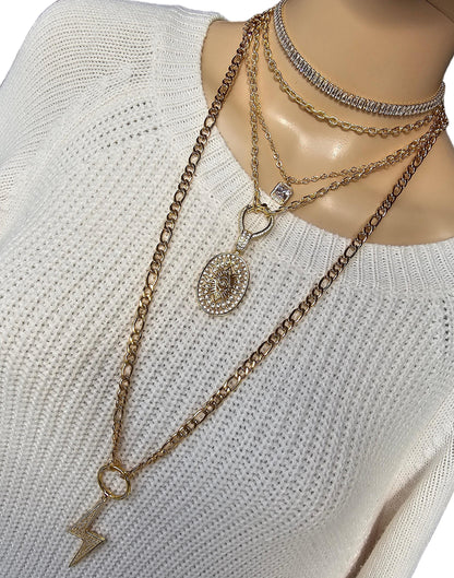 Gold Layered Multi Strand Statement Necklace Set with Cubic Zirconia Lightening Bolt, Evil Eye, Austrian Crystal stacked jewelry gift