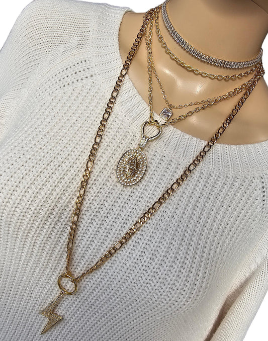 Gold Layered Multi Strand Statement Necklace Set with Cubic Zirconia Lightening Bolt, Evil Eye, Austrian Crystal stacked jewelry gift