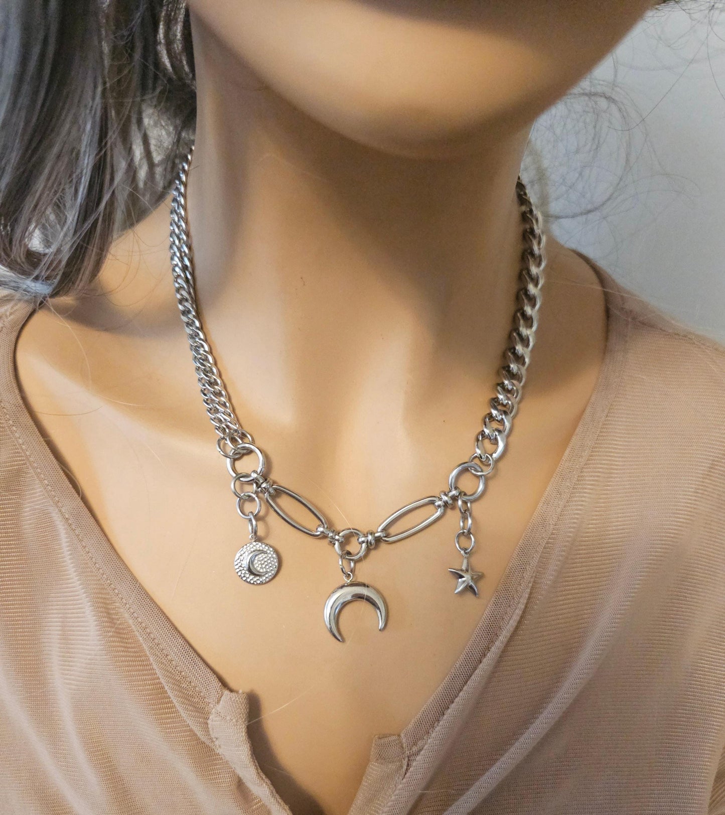 Steel Celestial Witchy Pagan Punk Moon Star Collar Choker Necklace  |  Witch Aesthetic statement necklace gift for her