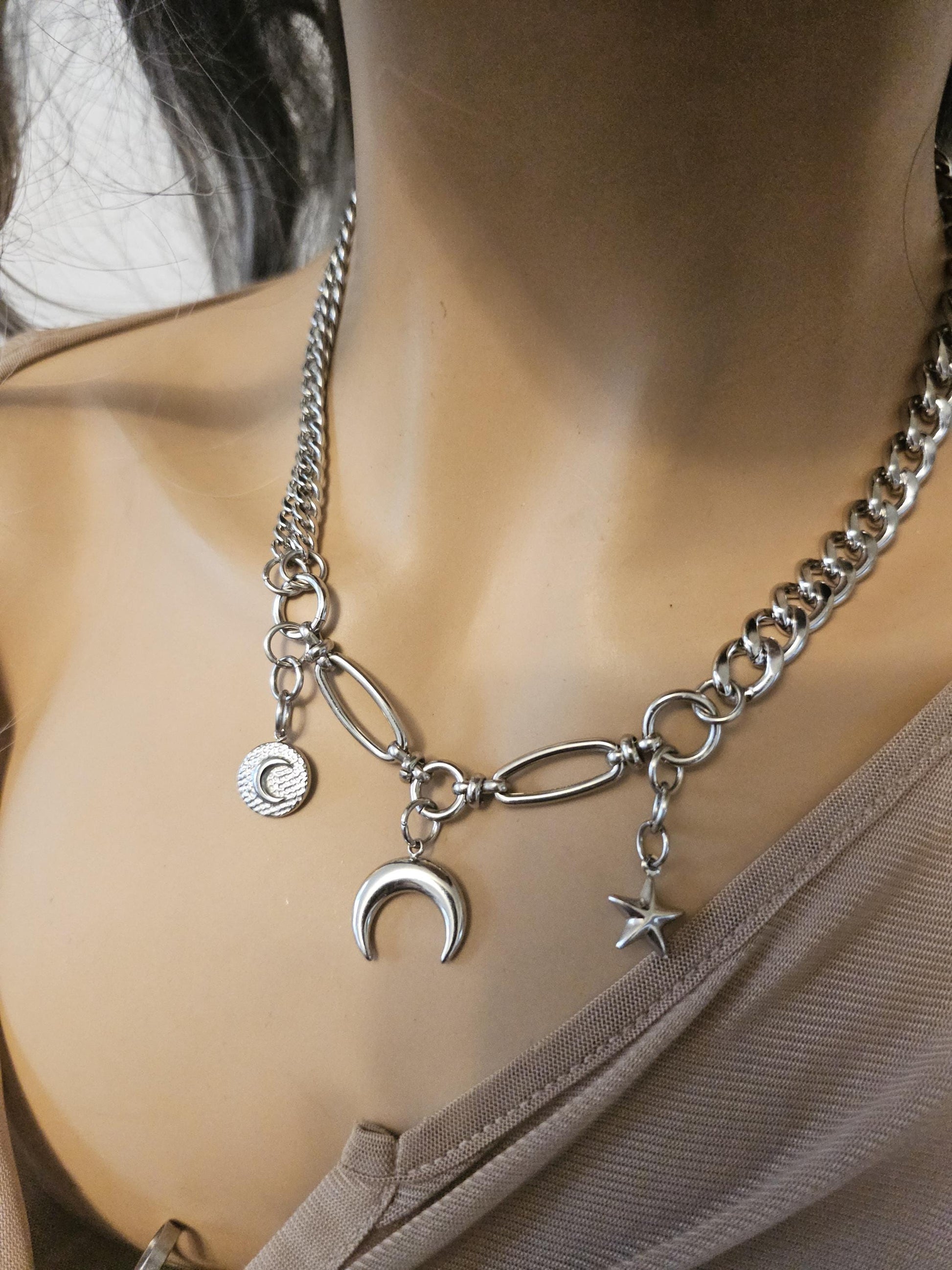 Steel Celestial Witchy Pagan Punk Moon Star Collar Choker Necklace  |  Witch Aesthetic statement necklace gift for her