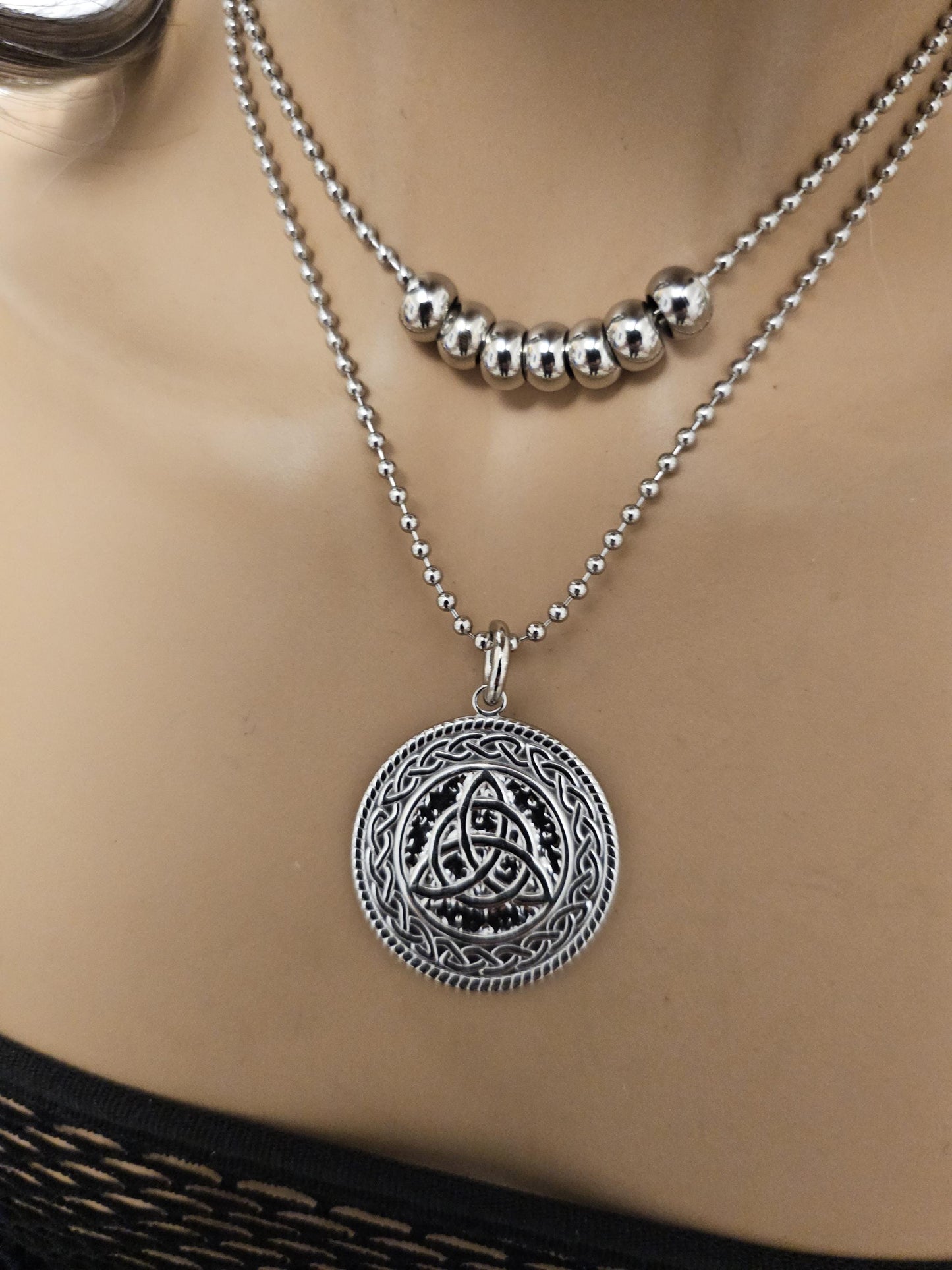 Steel Layered Medallion Triquetra Witch&#39;s Knot Multi Strand Chain Necklace Set | non tarnish waterproof   Witchy moon jewelry