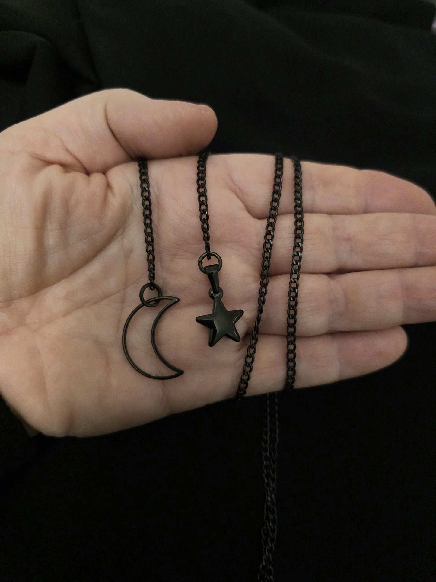 Black Crescent Moon and Star Gothic Lariat Choker Wrap Necklace | Pagan Witch Aesthetic Celestial statement handmade jewelry gift for her