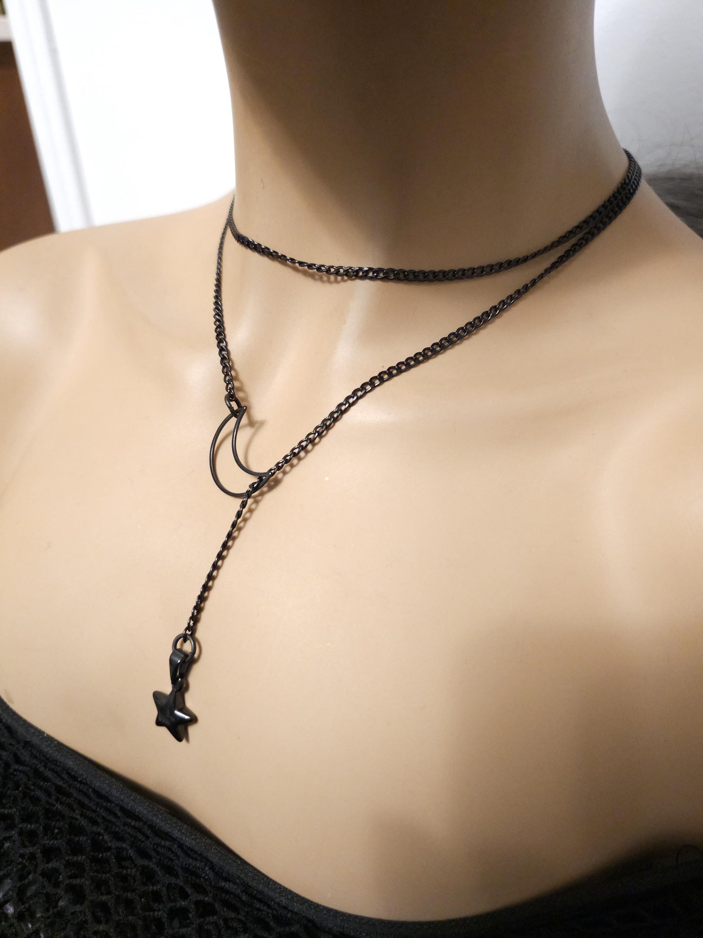 Black Crescent Moon and Star Gothic Lariat Choker Wrap Necklace | Pagan Witch Aesthetic Celestial statement handmade jewelry gift for her