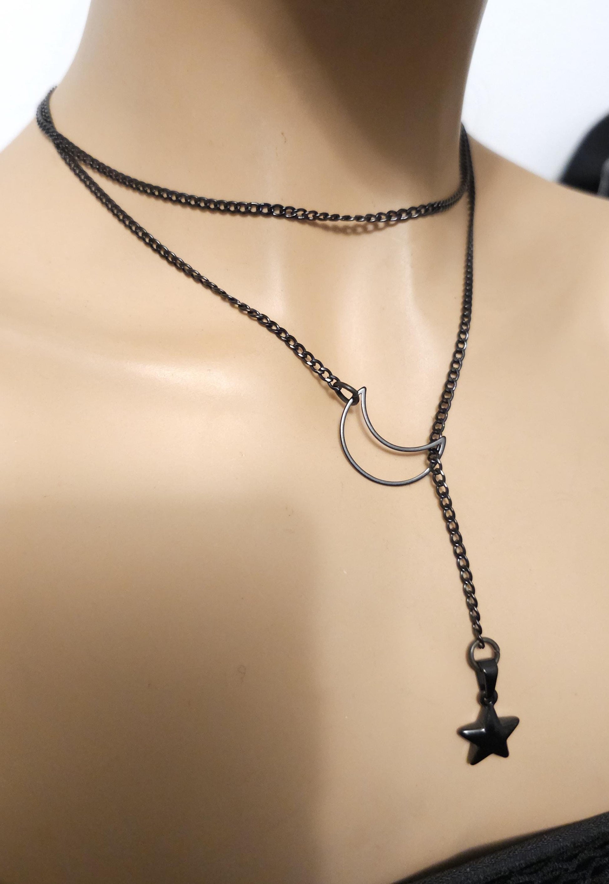 Black Crescent Moon and Star Gothic Lariat Choker Wrap Necklace | Pagan Witch Aesthetic Celestial statement handmade jewelry gift for her