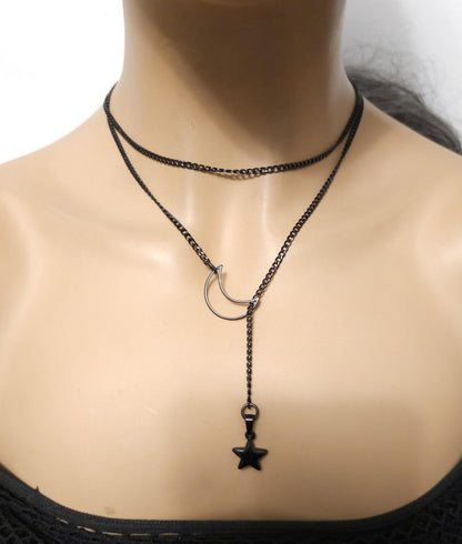 Black Crescent Moon and Star Gothic Lariat Choker Wrap Necklace | Pagan Witch Aesthetic Celestial statement handmade jewelry gift for her