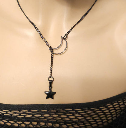 Black Crescent Moon and Star Gothic Lariat Choker Wrap Necklace | Pagan Witch Aesthetic Celestial statement handmade jewelry gift for her