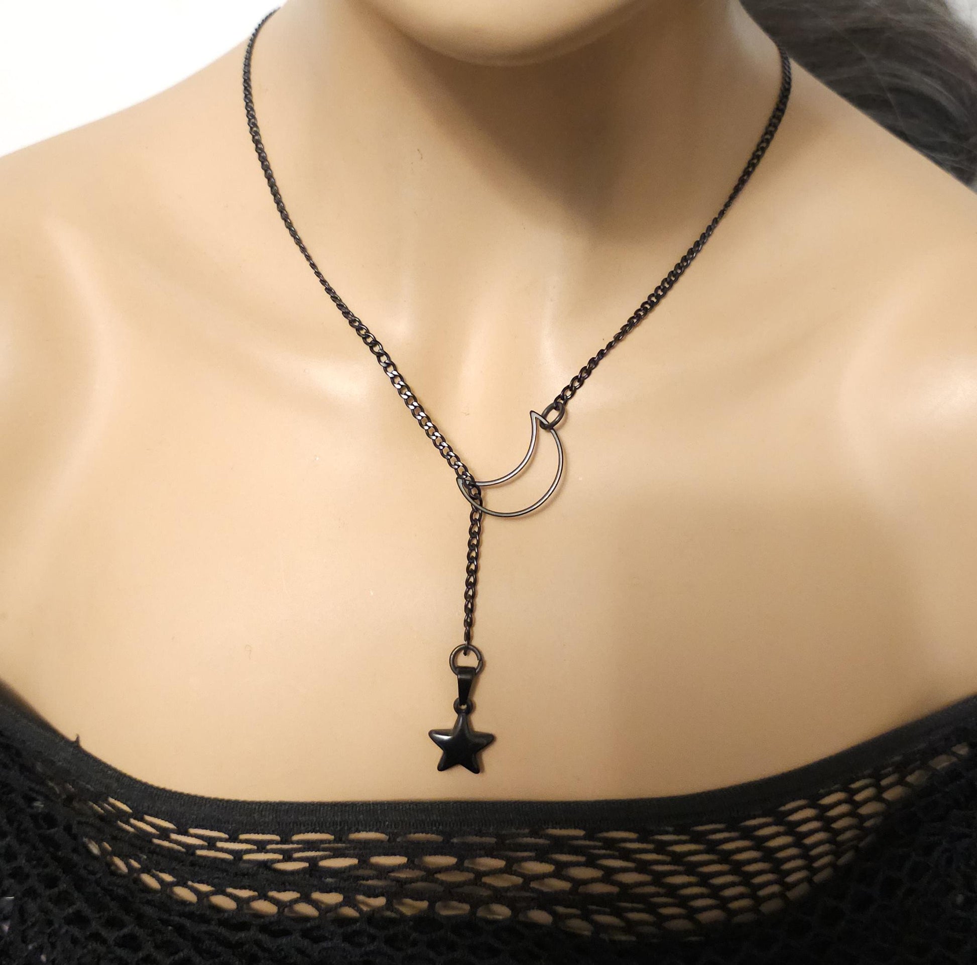 Black Crescent Moon and Star Gothic Lariat Choker Wrap Necklace | Pagan Witch Aesthetic Celestial statement handmade jewelry gift for her