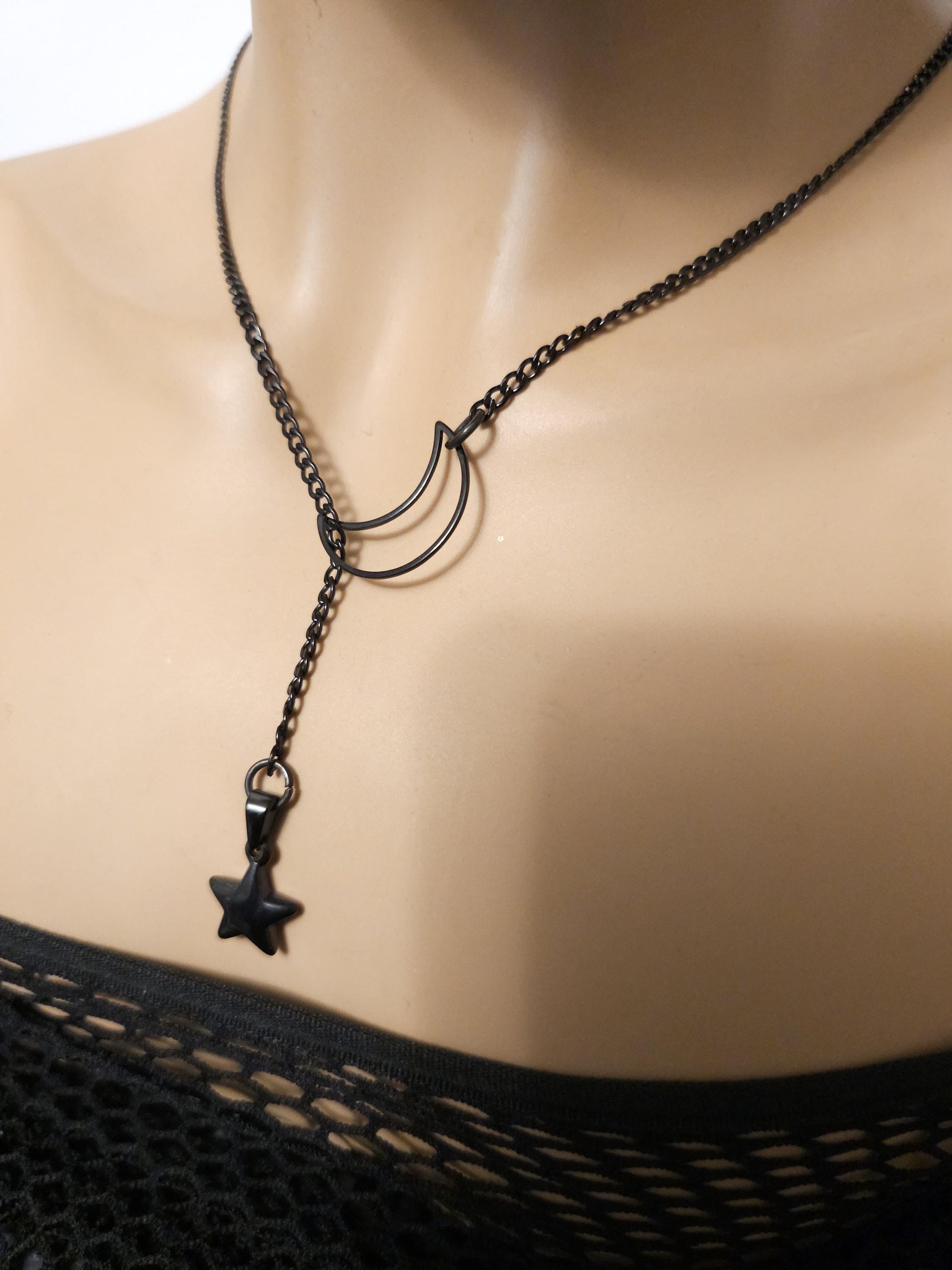 Black Crescent Moon and Star Gothic Lariat Choker Wrap Necklace | Pagan Witch Aesthetic Celestial statement handmade jewelry gift for her