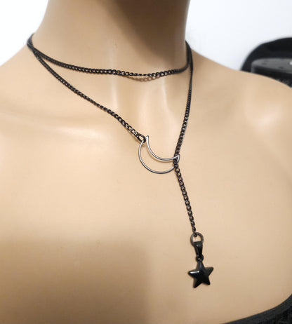 Black Crescent Moon and Star Gothic Lariat Choker Wrap Necklace | Pagan Witch Aesthetic Celestial statement handmade jewelry gift for her