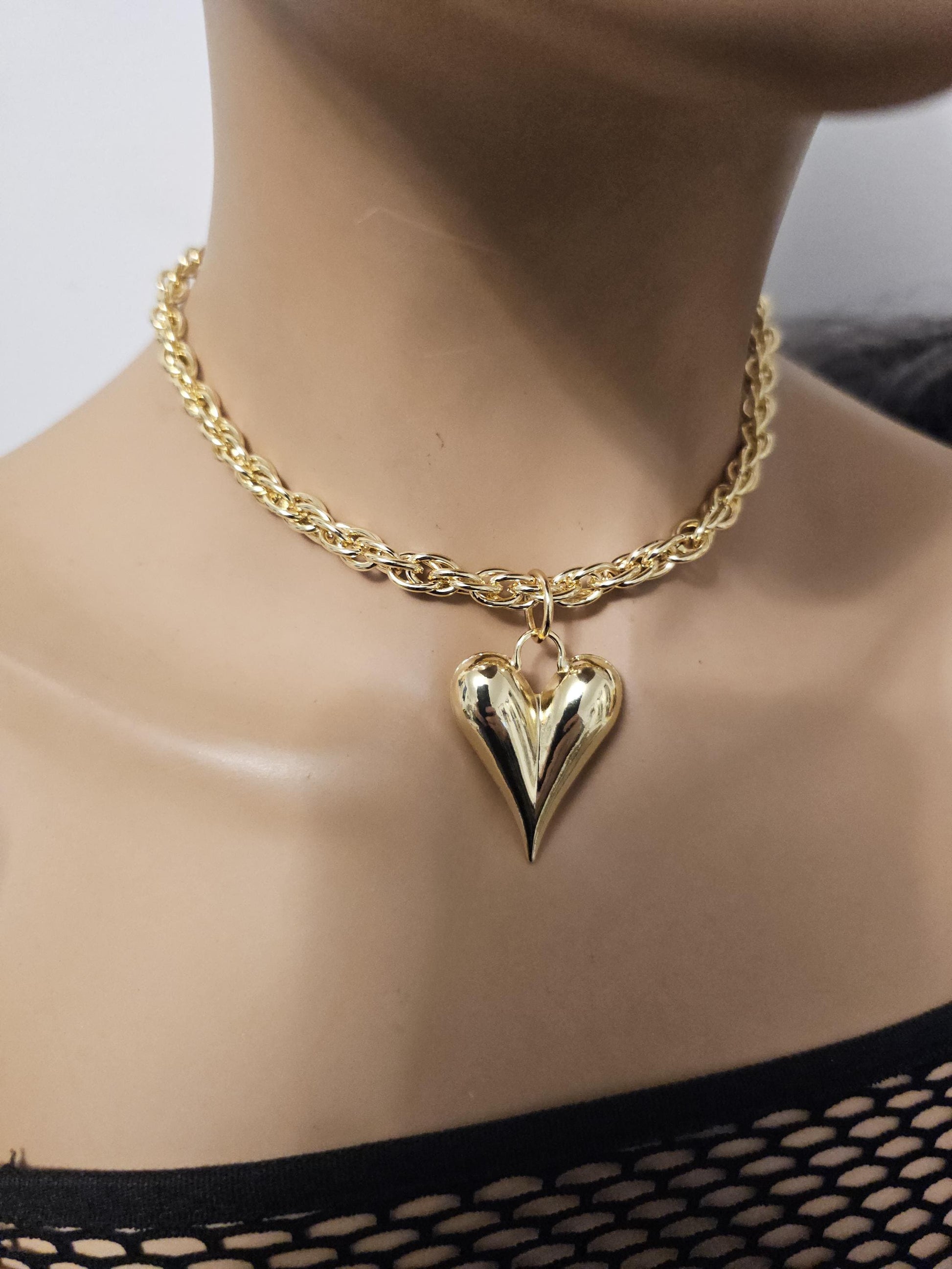 Gold 3D Bubble Heart Necklace Adjustable Length Pendant Choker Collar Statement Jewelry - Handmade Valentines aesthetic jewelry gift for her