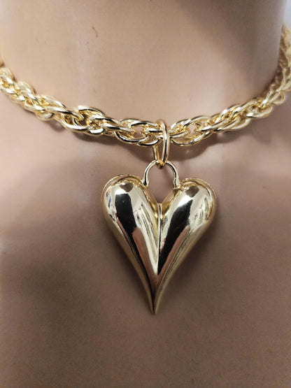 Gold 3D Bubble Heart Necklace Adjustable Length Pendant Choker Collar Statement Jewelry - Handmade Valentines aesthetic jewelry gift for her