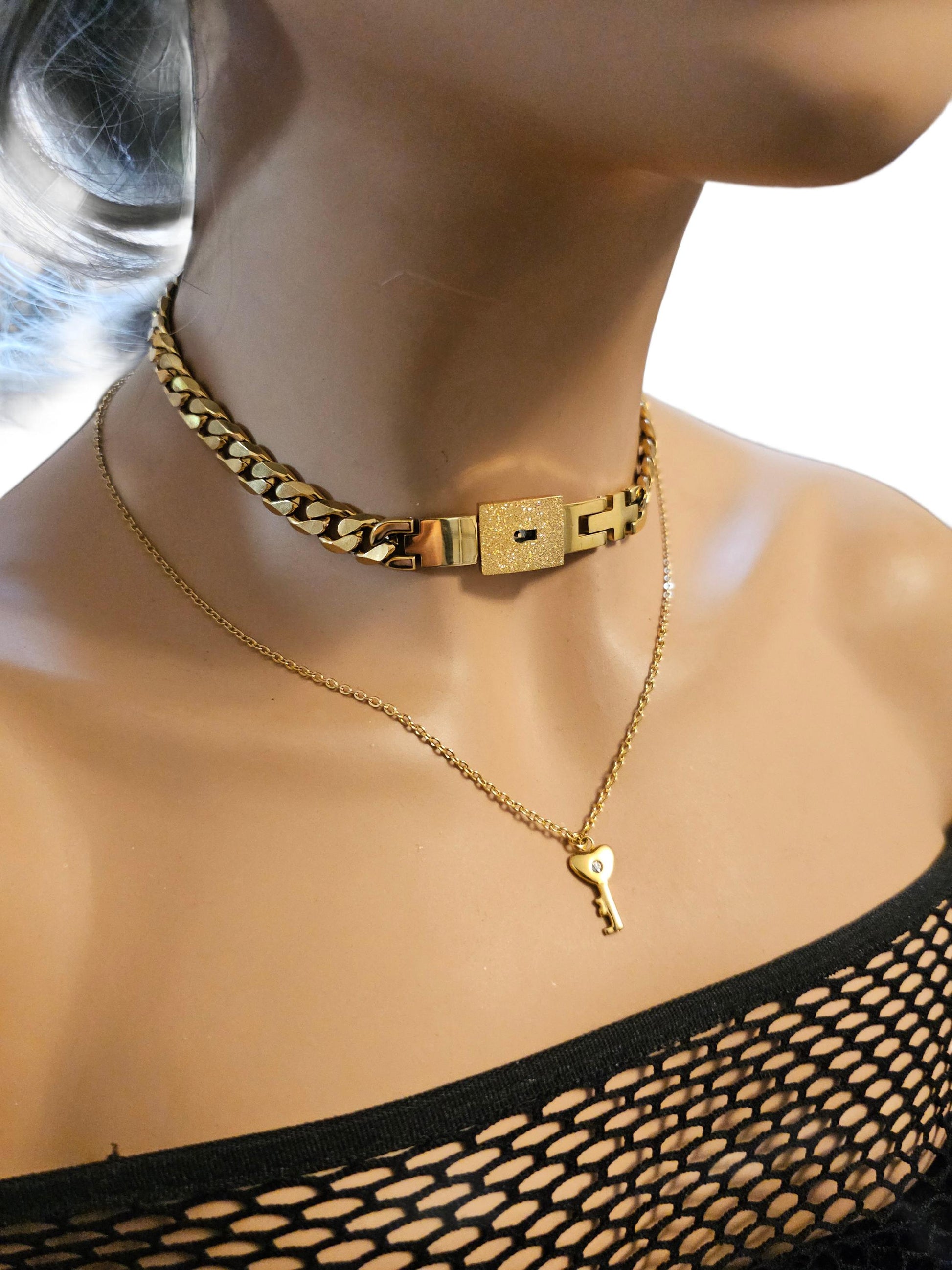 Gold Day Collar Luxury Elegant Submissive Style Locking Choker Necklace & Key | BDSM Bondage Aesthetic Handmade Padlock Couples Jewelry