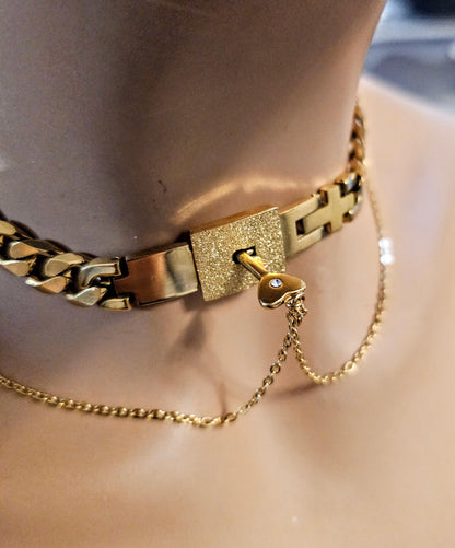 Gold Day Collar Luxury Elegant Submissive Style Locking Choker Necklace & Key | BDSM Bondage Aesthetic Handmade Padlock Couples Jewelry