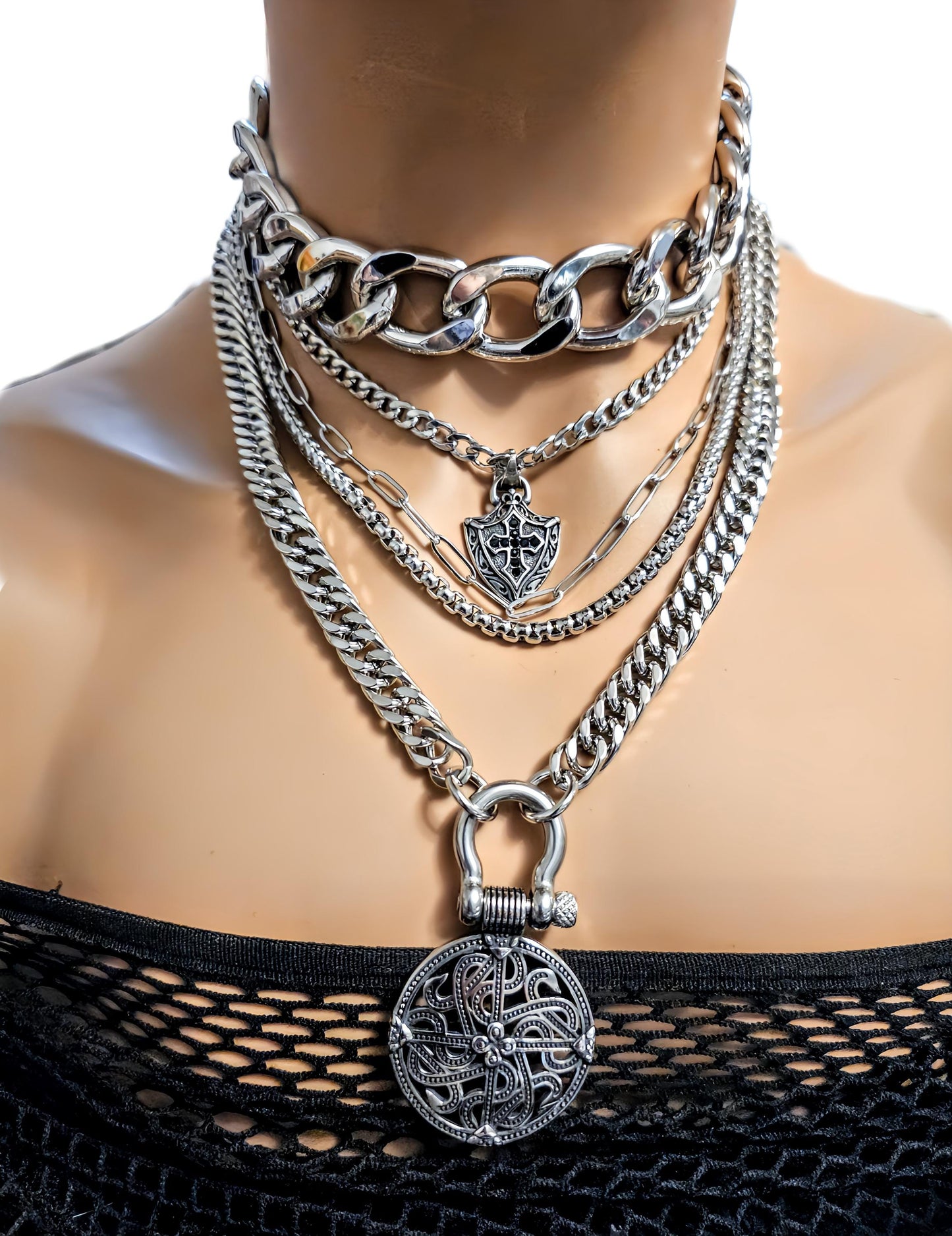 Layered Shield Maiden Chunky Chain Norse Viking Choker Collar Necklace Set - waterproof Handmade edgy statement jewelry gift