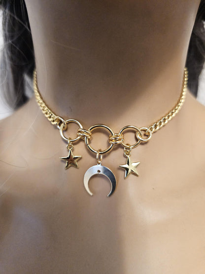 Gold Luxury Day Collar Choker Necklace with Moon and Stars | Luxe Submissive O Ring Jewelry with Permanent Locking Option