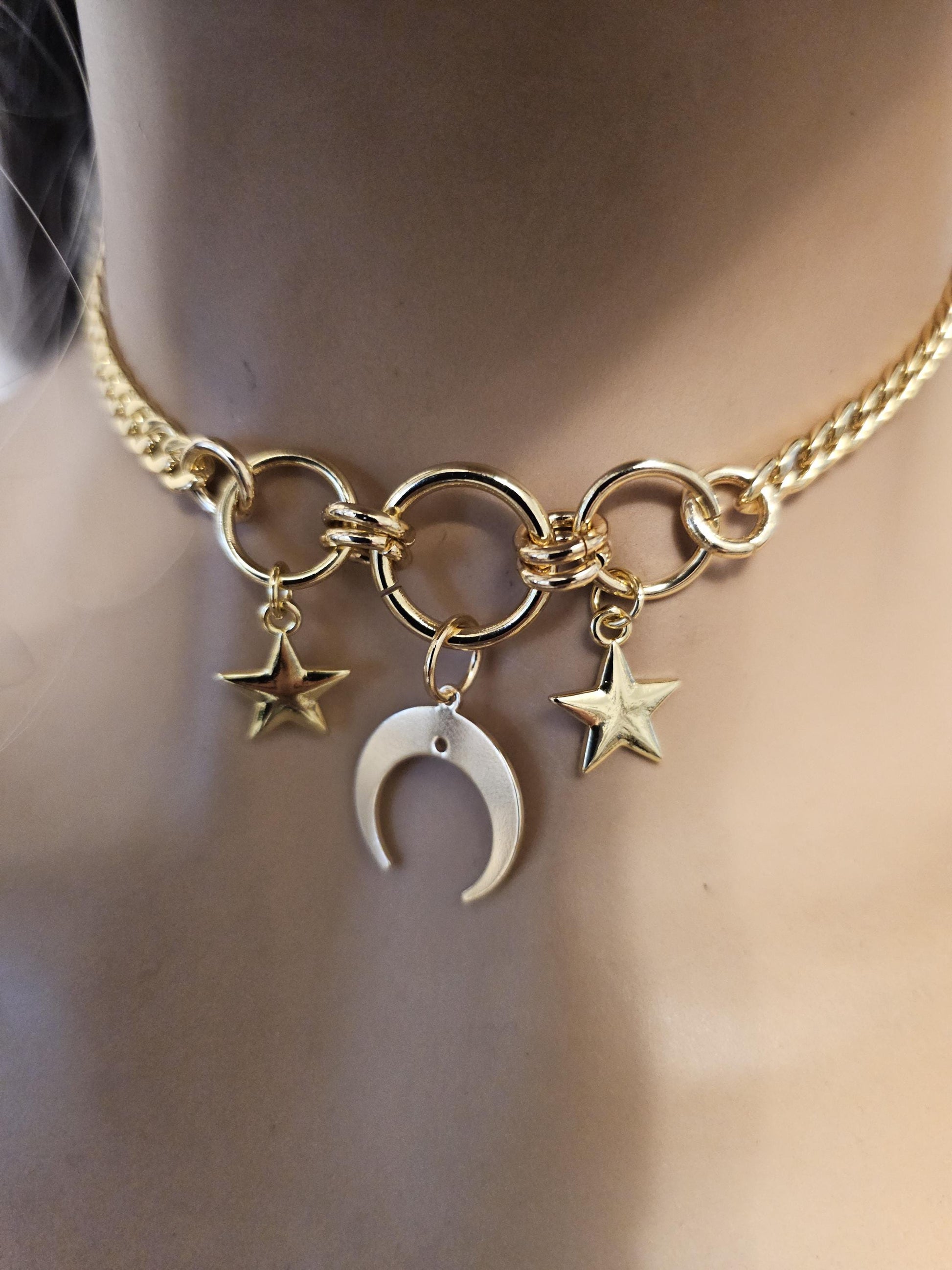 Gold Luxury Day Collar Choker Necklace with Moon and Stars | Luxe Submissive O Ring Jewelry with Permanent Locking Option