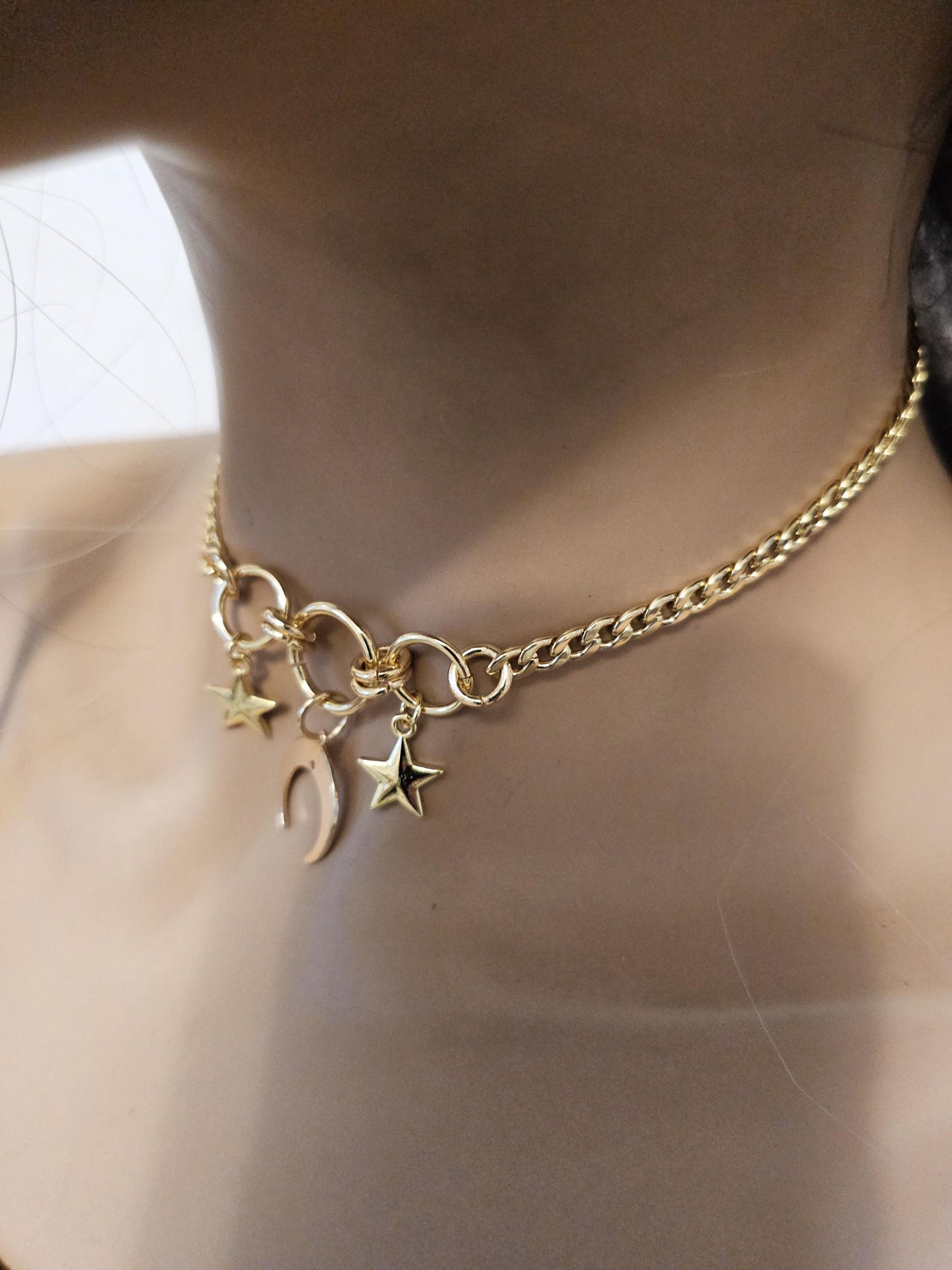 Gold Luxury Day Collar Choker Necklace with Moon and Stars | Luxe Submissive O Ring Jewelry with Permanent Locking Option