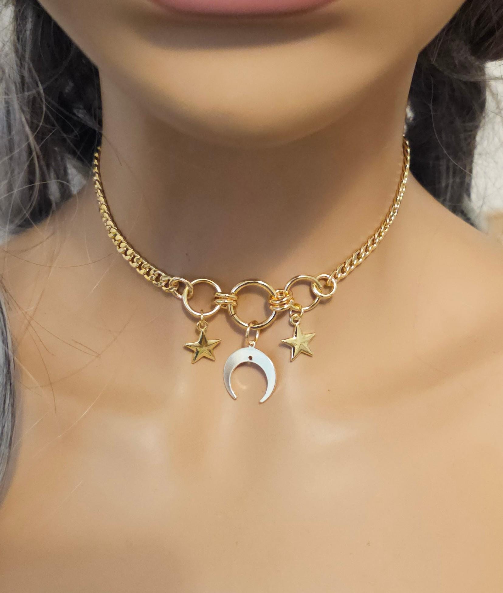 Gold Luxury Day Collar Choker Necklace with Moon and Stars | Luxe Submissive O Ring Jewelry with Permanent Locking Option