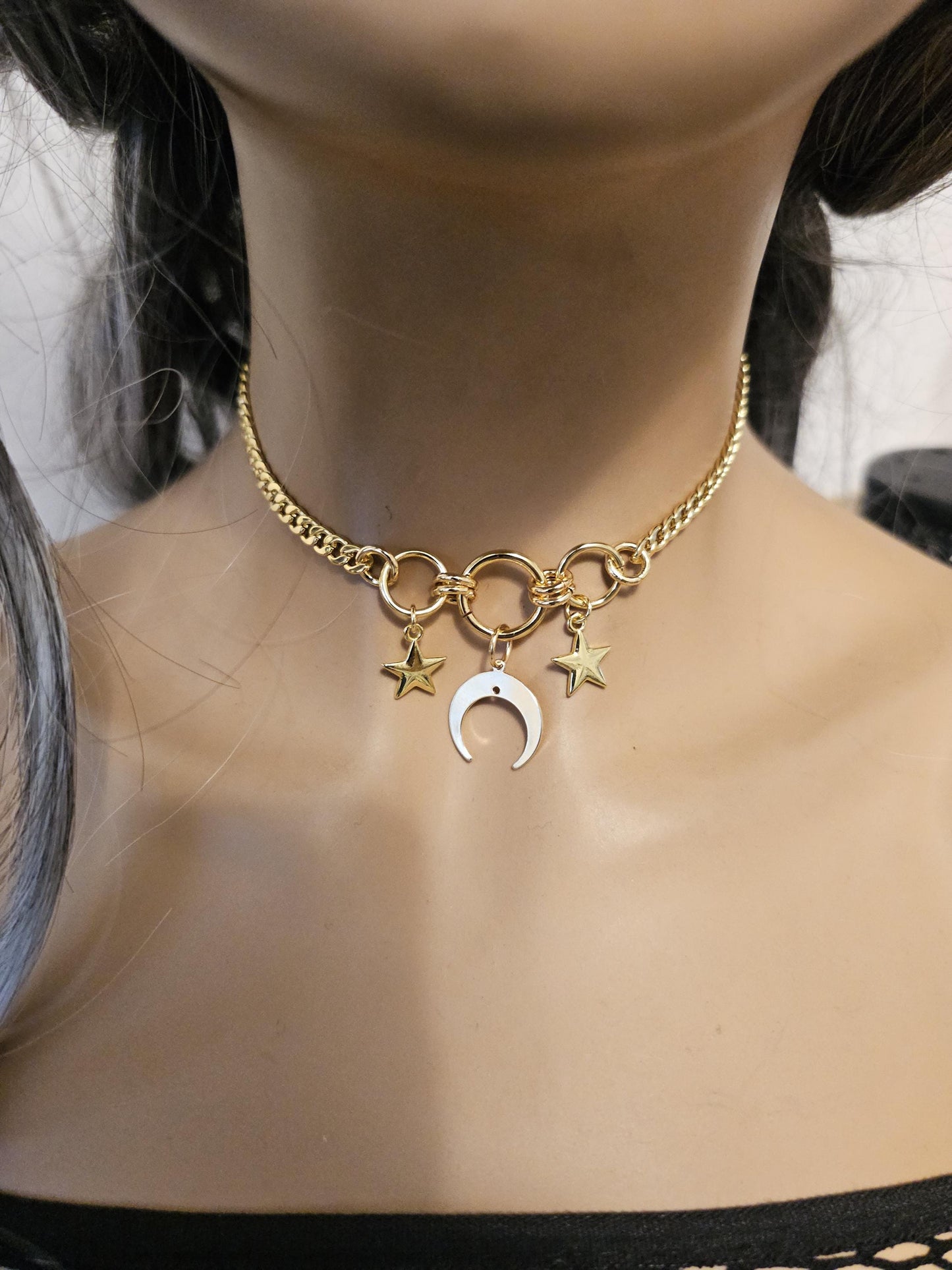 Gold Luxury Day Collar Choker Necklace with Moon and Stars | Luxe Submissive O Ring Jewelry with Permanent Locking Option