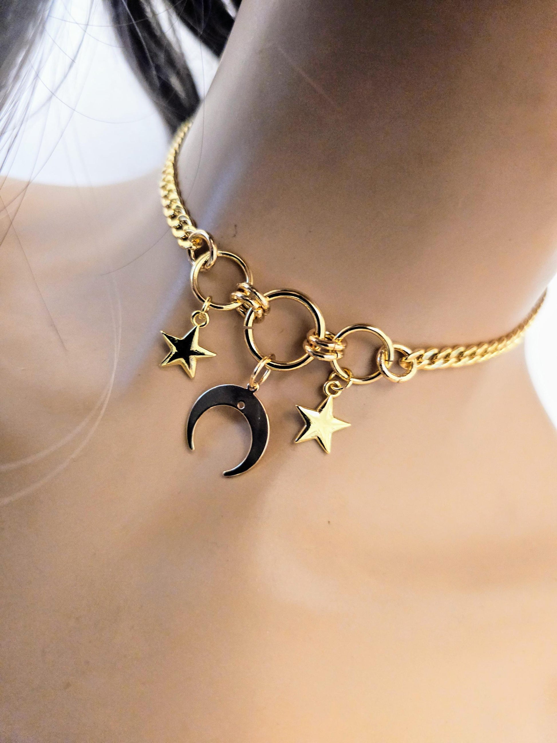 Gold Luxury Day Collar Choker Necklace with Moon and Stars | Luxe Submissive O Ring Jewelry with Permanent Locking Option