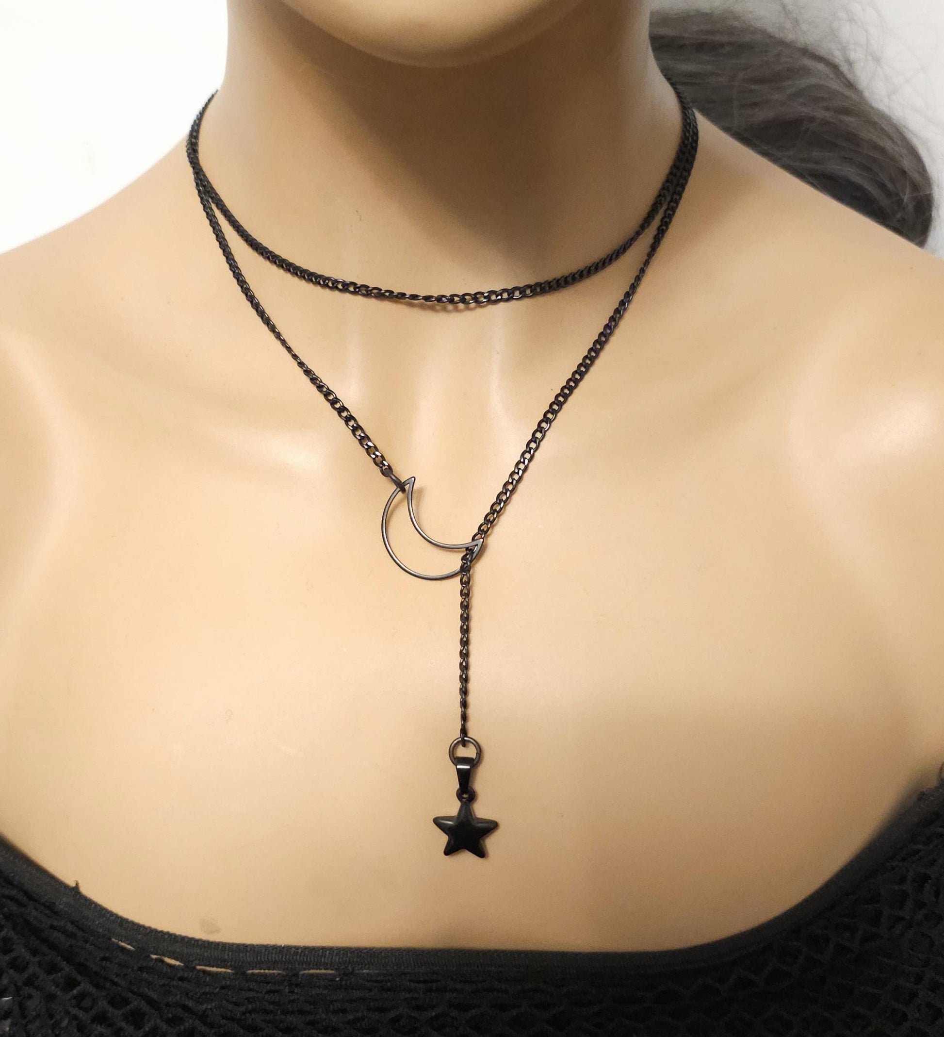 Black Crescent Moon and Star Gothic Lariat Choker Wrap Necklace | Pagan Witch Aesthetic Celestial statement handmade jewelry gift for her