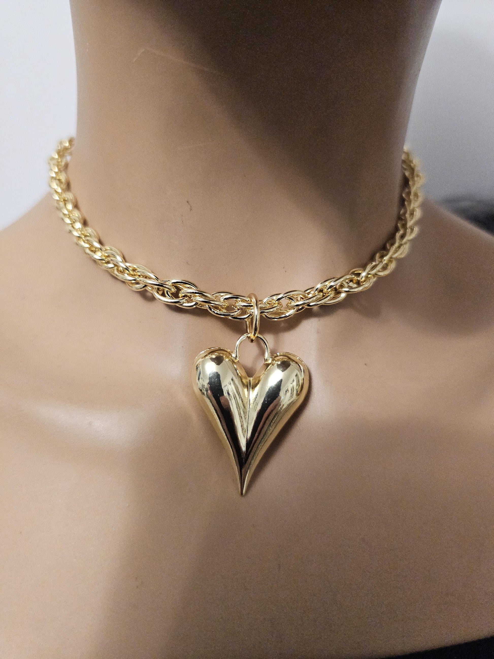 Gold 3D Bubble Heart Necklace Adjustable Length Pendant Choker Collar Statement Jewelry - Handmade Valentines aesthetic jewelry gift for her