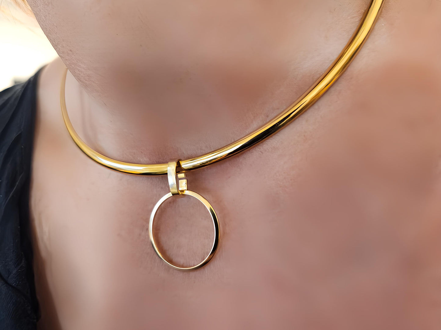 Gold Discreet Day Collar Choker Submissive Necklace with Permanent Locking Ring Option - Submissive O Ring BDSM Aesthetic Jewelry