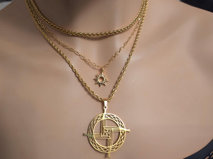 Gold Celtic Brigid&#39;s Cross Layered Imbolc Pendant Necklaces Set - Handmade Pagan Sabbat Celebration stacked jewelry gift for her