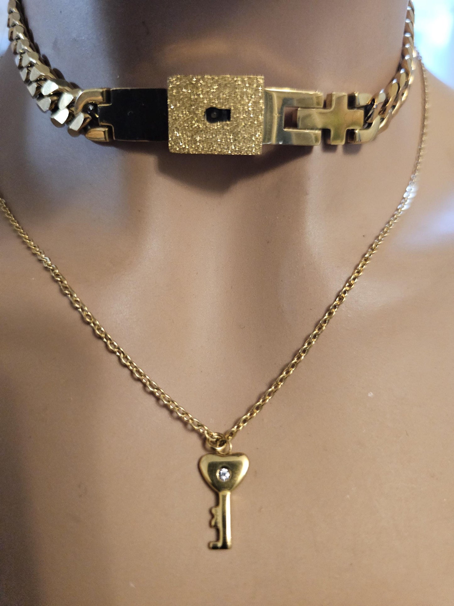 Gold Day Collar Luxury Elegant Submissive Style Locking Choker Necklace & Key | BDSM Bondage Aesthetic Handmade Padlock Couples Jewelry