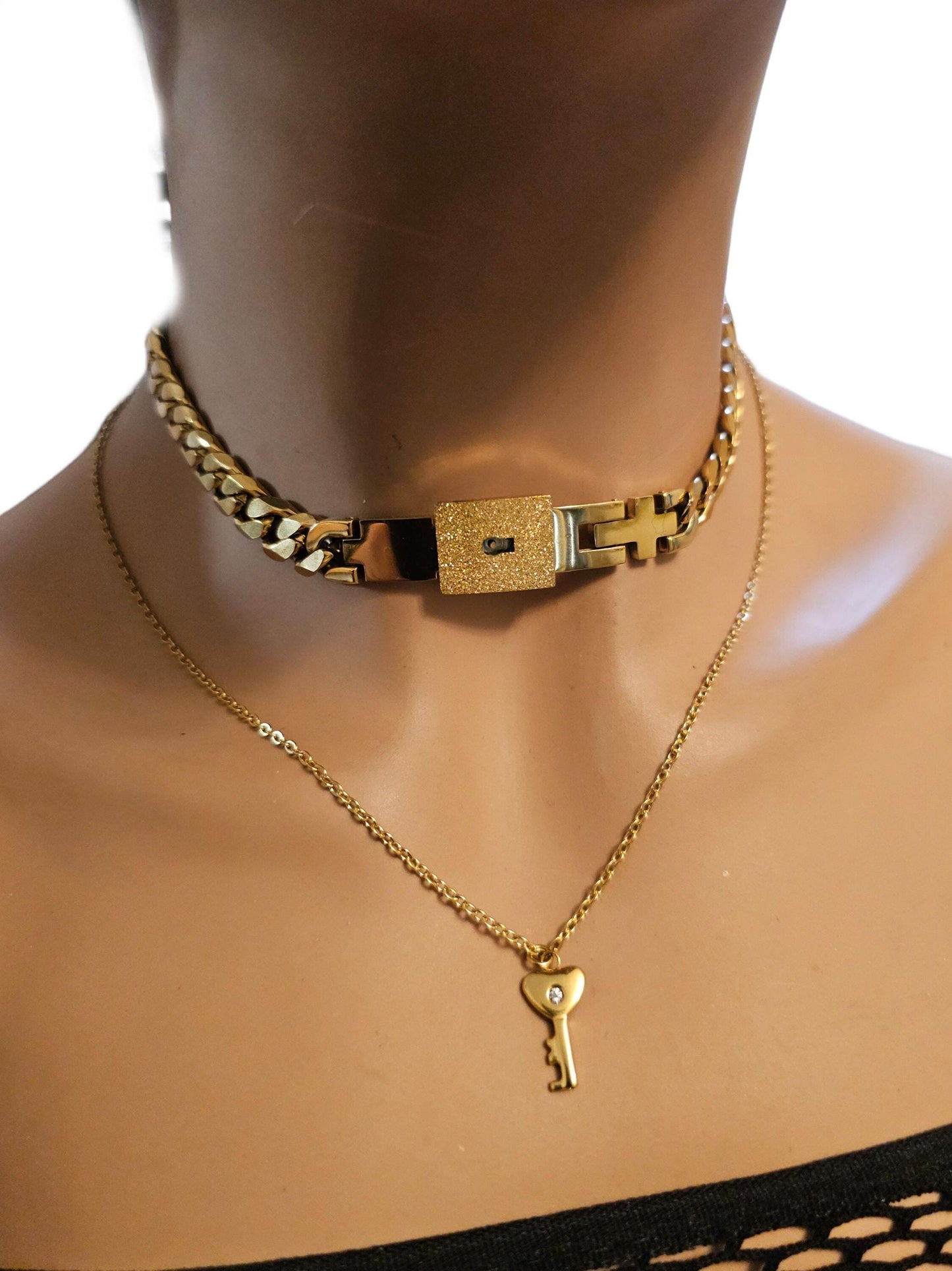 Gold Day Collar Luxury Elegant Submissive Style Locking Choker Necklace & Key | BDSM Bondage Aesthetic Handmade Padlock Couples Jewelry