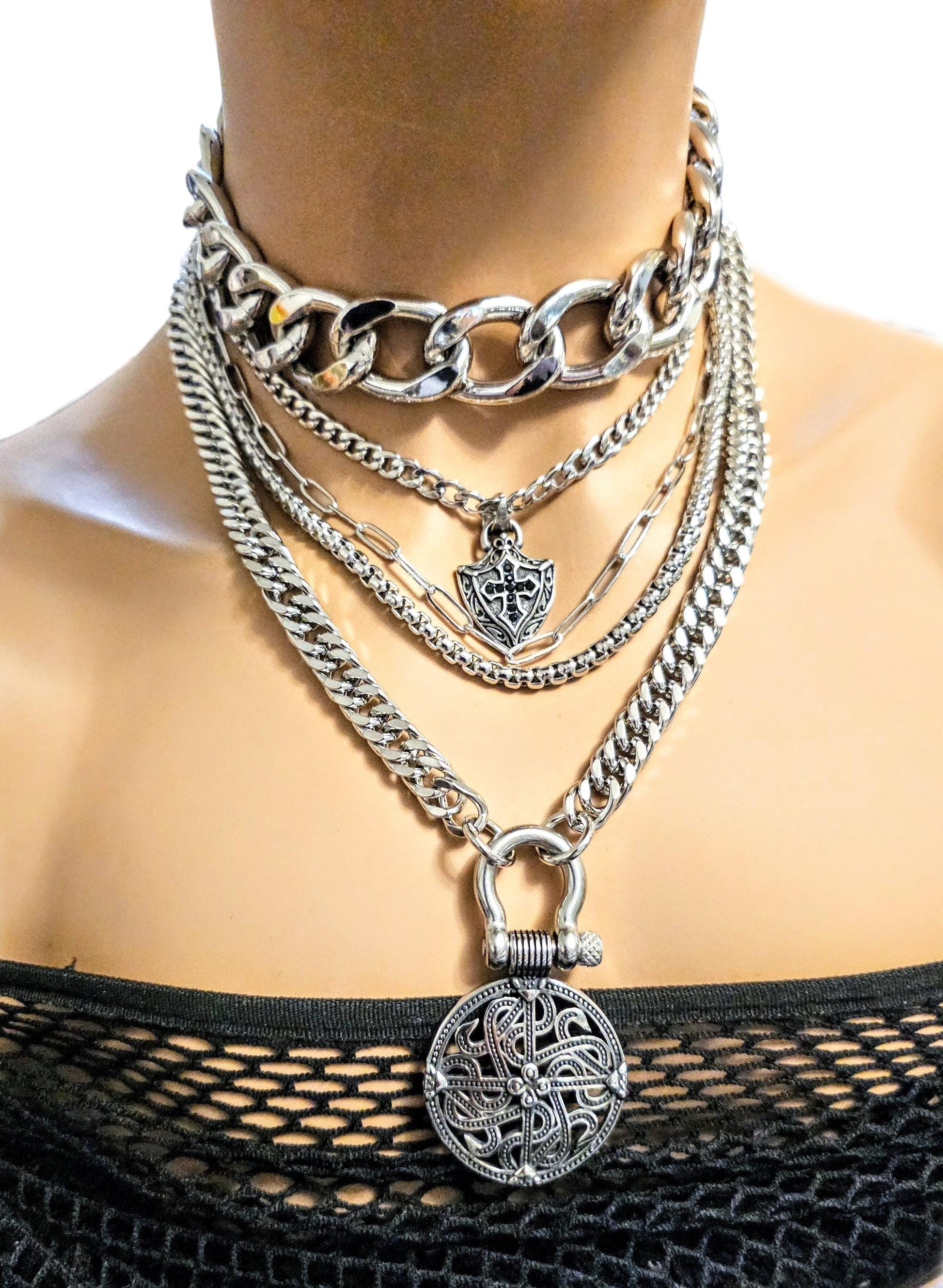 Layered Shield Maiden Chunky Chain Norse Viking Choker Collar Necklace Set - waterproof Handmade edgy statement jewelry gift