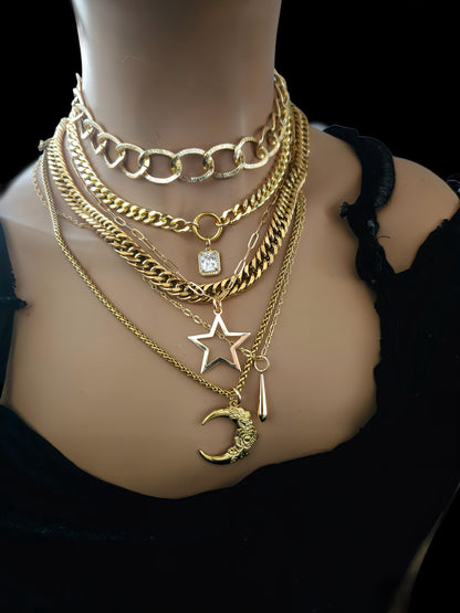 Chunky Gold Layered Necklace Set with Moon & Star Pendant Necklaces, Maximalist Statement Jewelry, Witchy Aesthetic gift for her, mom gift