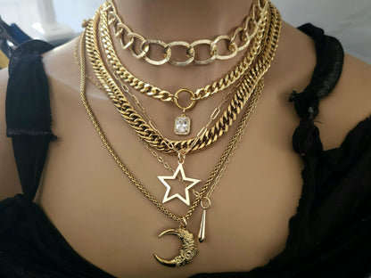 Chunky Gold Layered Necklace Set with Moon & Star Pendant Necklaces, Maximalist Statement Jewelry, Witchy Aesthetic gift for her, mom gift