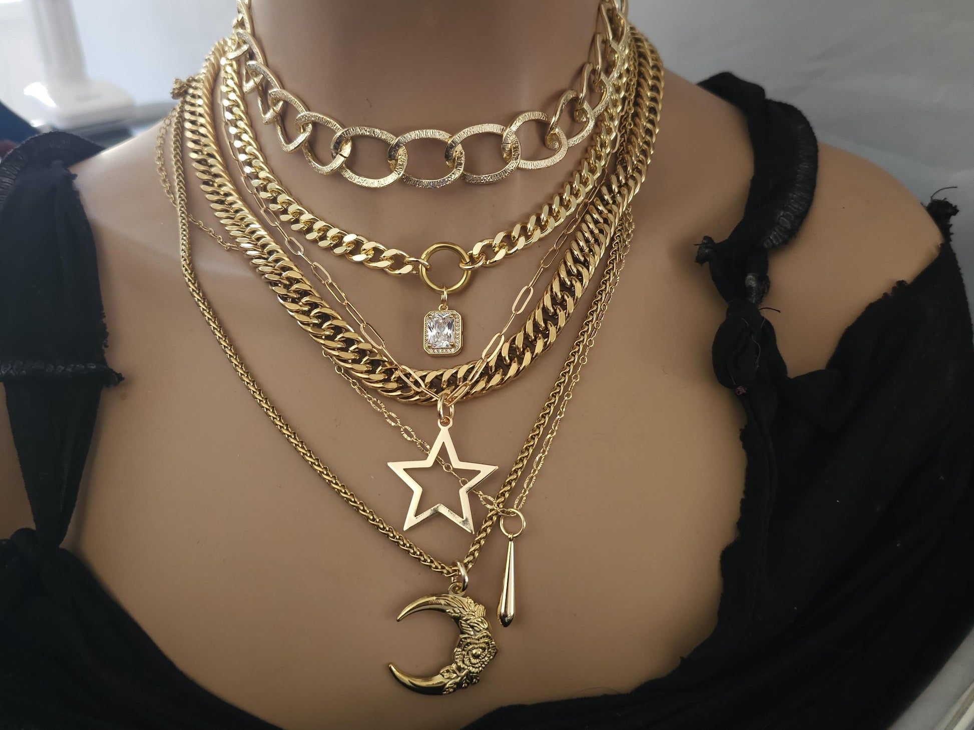 Chunky Gold Layered Necklace Set with Moon & Star Pendant Necklaces, Maximalist Statement Jewelry, Witchy Aesthetic gift for her, mom gift