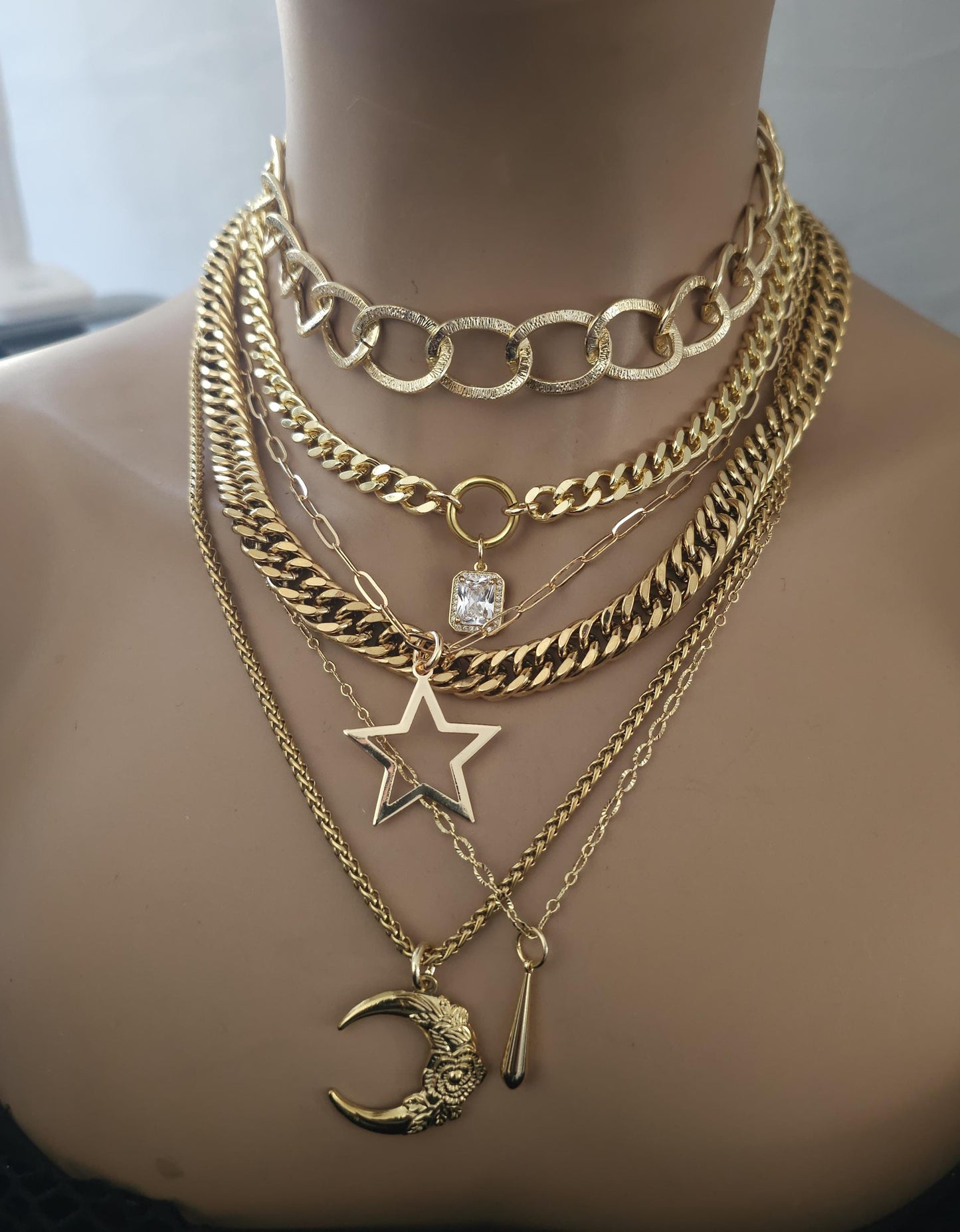 Chunky Gold Layered Necklace Set with Moon & Star Pendant Necklaces, Maximalist Statement Jewelry, Witchy Aesthetic gift for her, mom gift