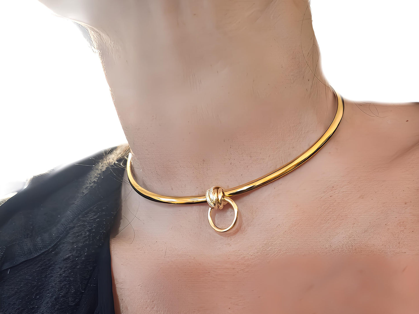 Gold Discreet Day Collar Choker Submissive Necklace with Permanent Locking Ring Option - Submissive O Ring BDSM Aesthetic Jewelry