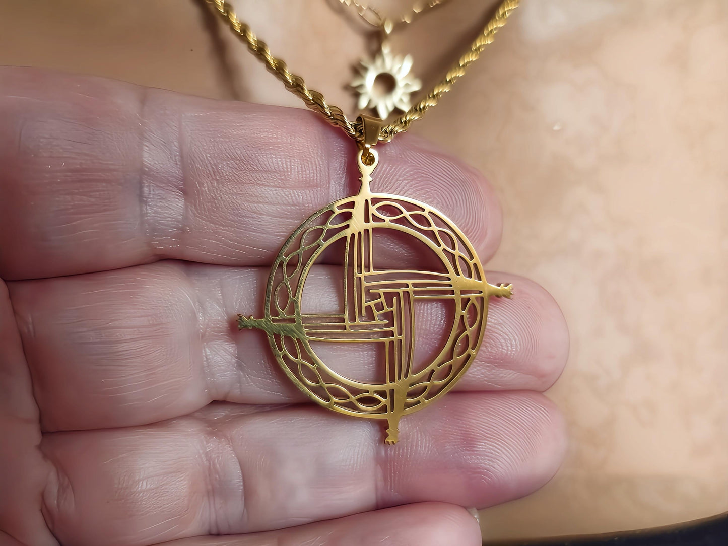 Gold Celtic Brigid&#39;s Cross Layered Imbolc Pendant Necklaces Set - Handmade Pagan Sabbat Celebration stacked jewelry gift for her