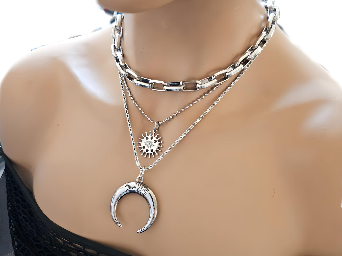 Moon & Sun Layered Pendant Necklaces Chunky Chain Pagan Witchy Aesthetic Set - non tarnish waterproof Handmade jewelry gift