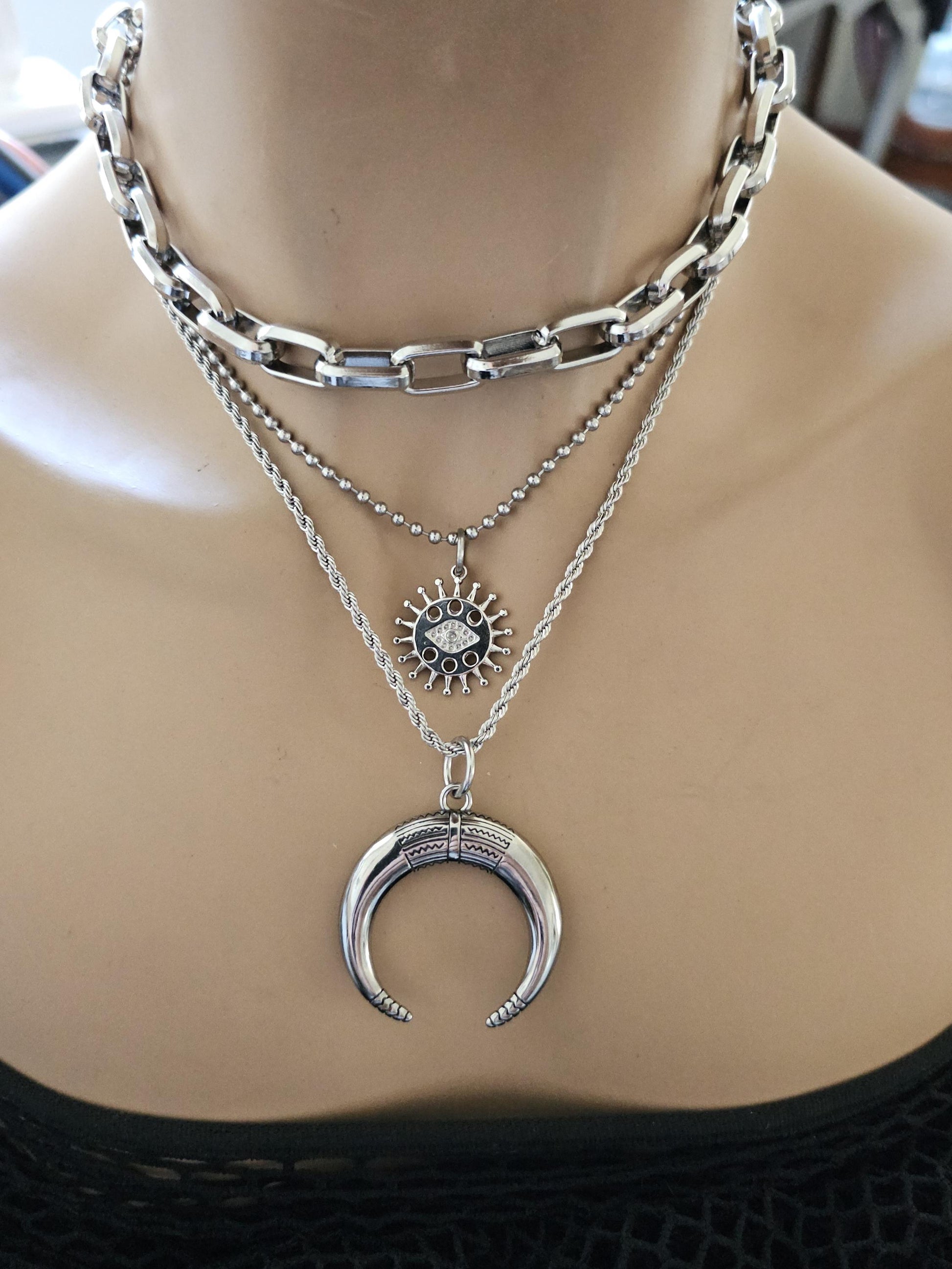 Moon & Sun Layered Pendant Necklaces Chunky Chain Pagan Witchy Aesthetic Set - non tarnish waterproof Handmade jewelry gift