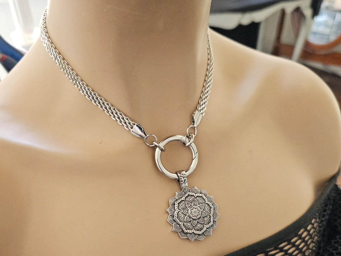 Mandala Medallion Pendant Choker Necklace | Waterproof Steel Zen Aesthetic handmade jewelry gift for her