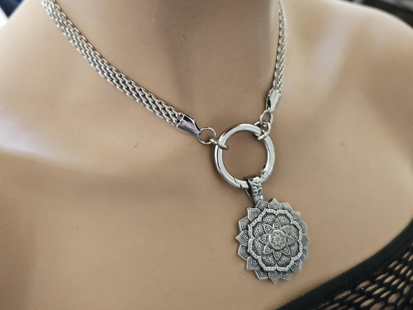 Mandala Medallion Pendant Choker Necklace | Waterproof Steel Zen Aesthetic handmade jewelry gift for her