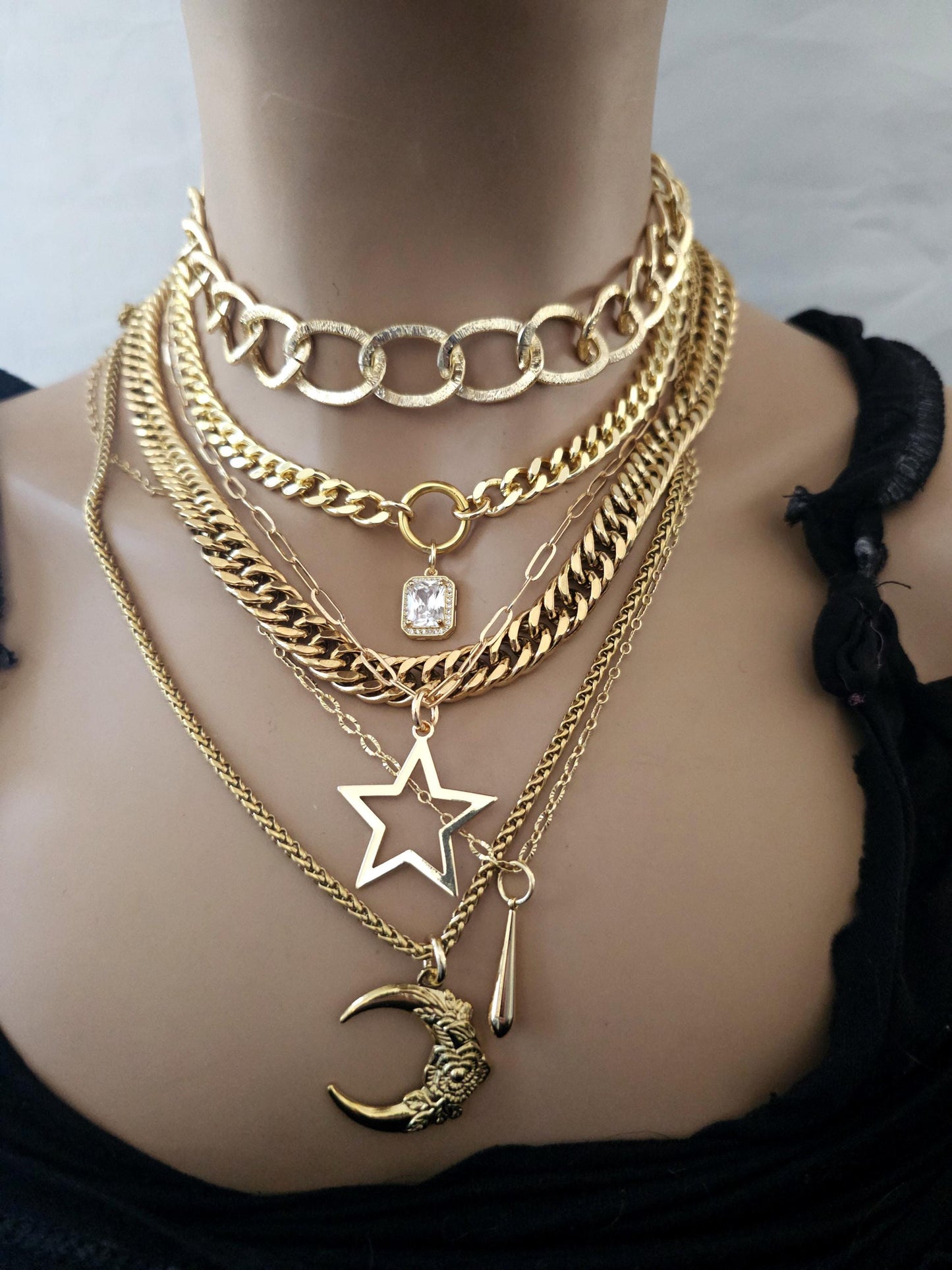 Chunky Gold Layered Necklace Set with Moon & Star Pendant Necklaces, Maximalist Statement Jewelry, Witchy Aesthetic gift for her, mom gift