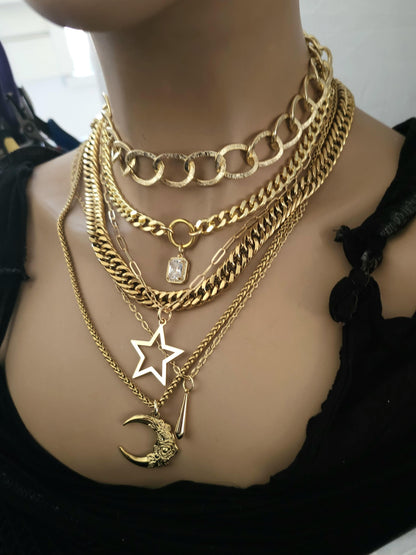 Chunky Gold Layered Necklace Set with Moon & Star Pendant Necklaces, Maximalist Statement Jewelry, Witchy Aesthetic gift for her, mom gift