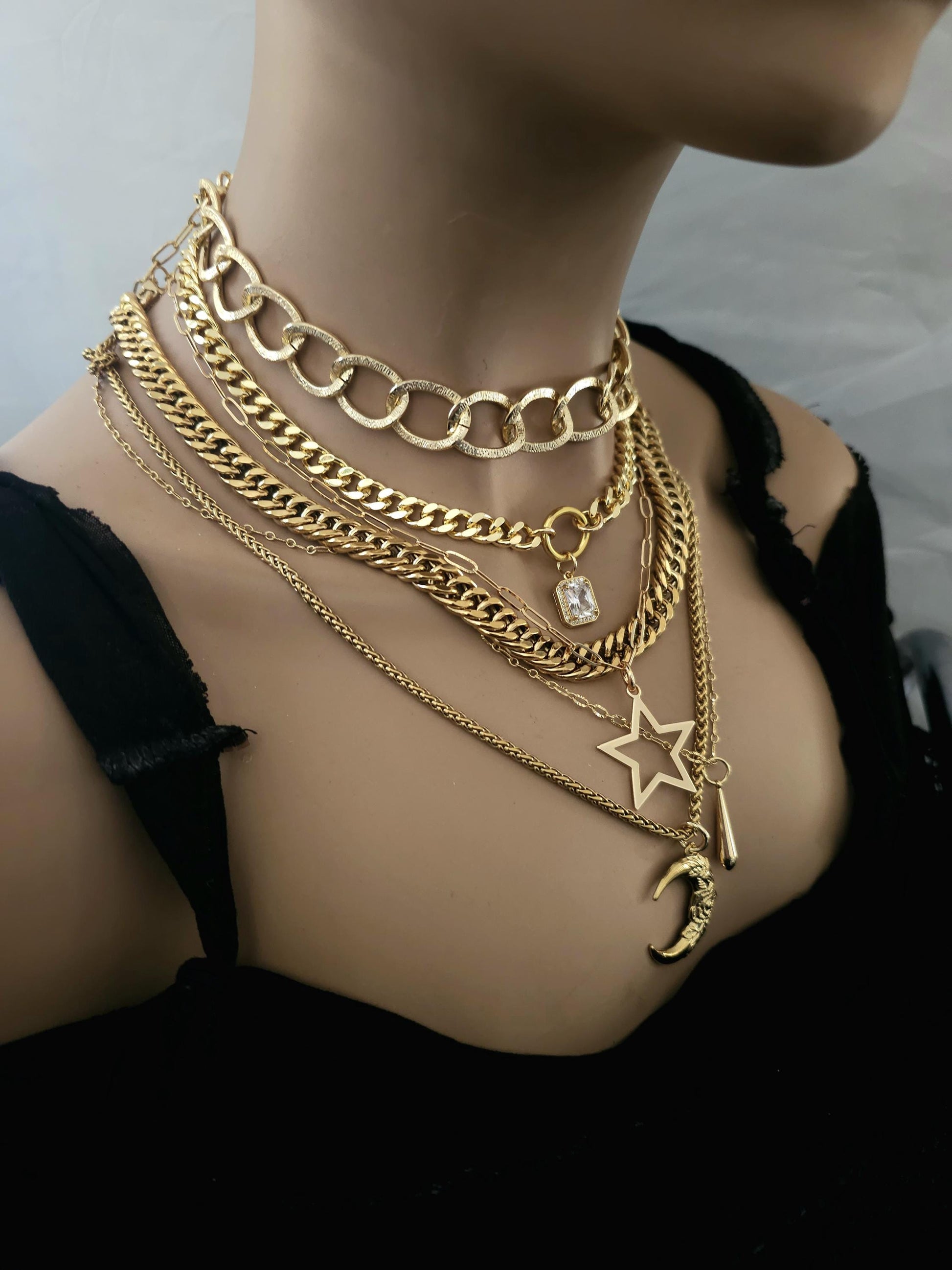 Chunky Gold Layered Necklace Set with Moon & Star Pendant Necklaces, Maximalist Statement Jewelry, Witchy Aesthetic gift for her, mom gift