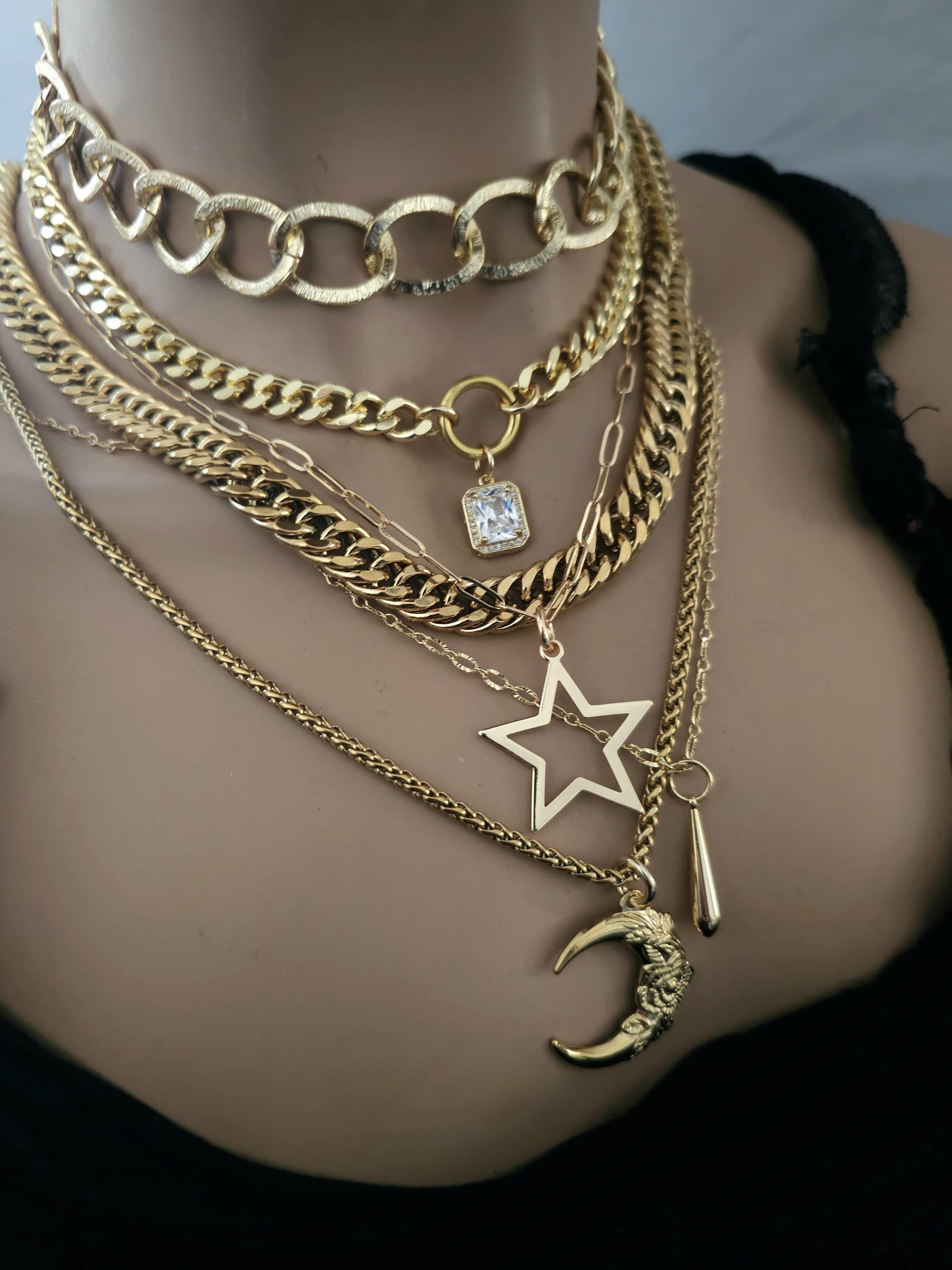 Chunky Gold Layered Necklace Set with Moon & Star Pendant Necklaces, Maximalist Statement Jewelry, Witchy Aesthetic gift for her, mom gift