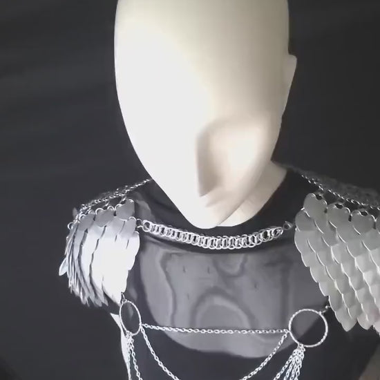 Halloween Viking, Dragon, Fairy Scalemail Cosplay Chainmail  Festival Outfit Corset Shoulder Armor in Silver  Rave Costume