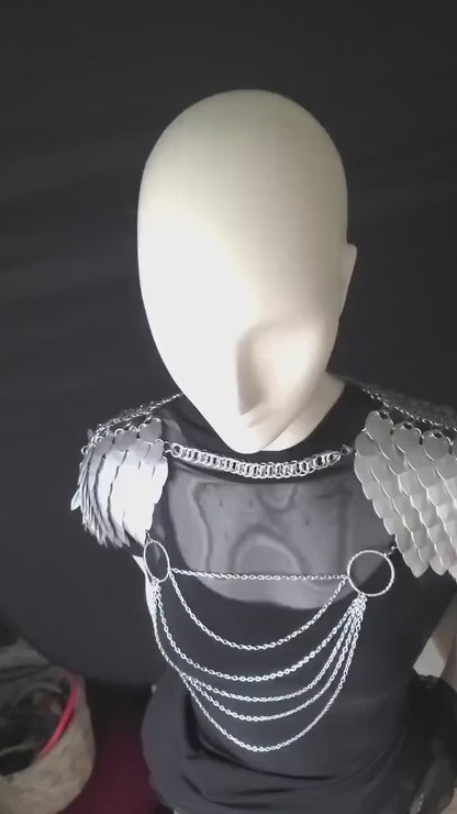 Halloween Viking, Dragon, Fairy Scalemail Cosplay Chainmail  Festival Outfit Corset Shoulder Armor in Silver  Rave Costume